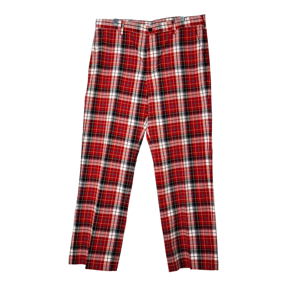 IZOD Golf Mens Red Plaid Performance Pants Flat Front Straight Leg 34x30